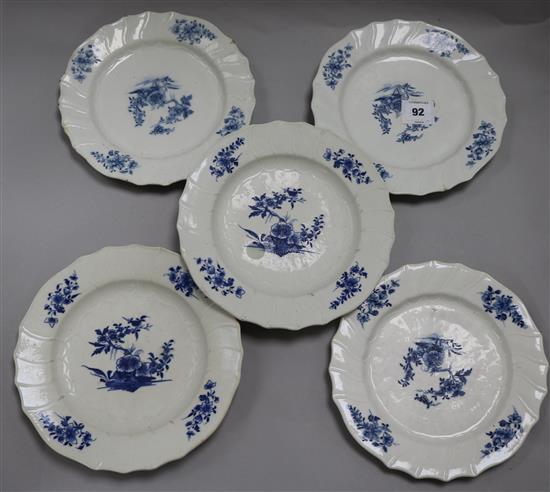 A set of five Oude Amstel (Dutch) dishes, painted with sprigs of peony blossom, blue on white
